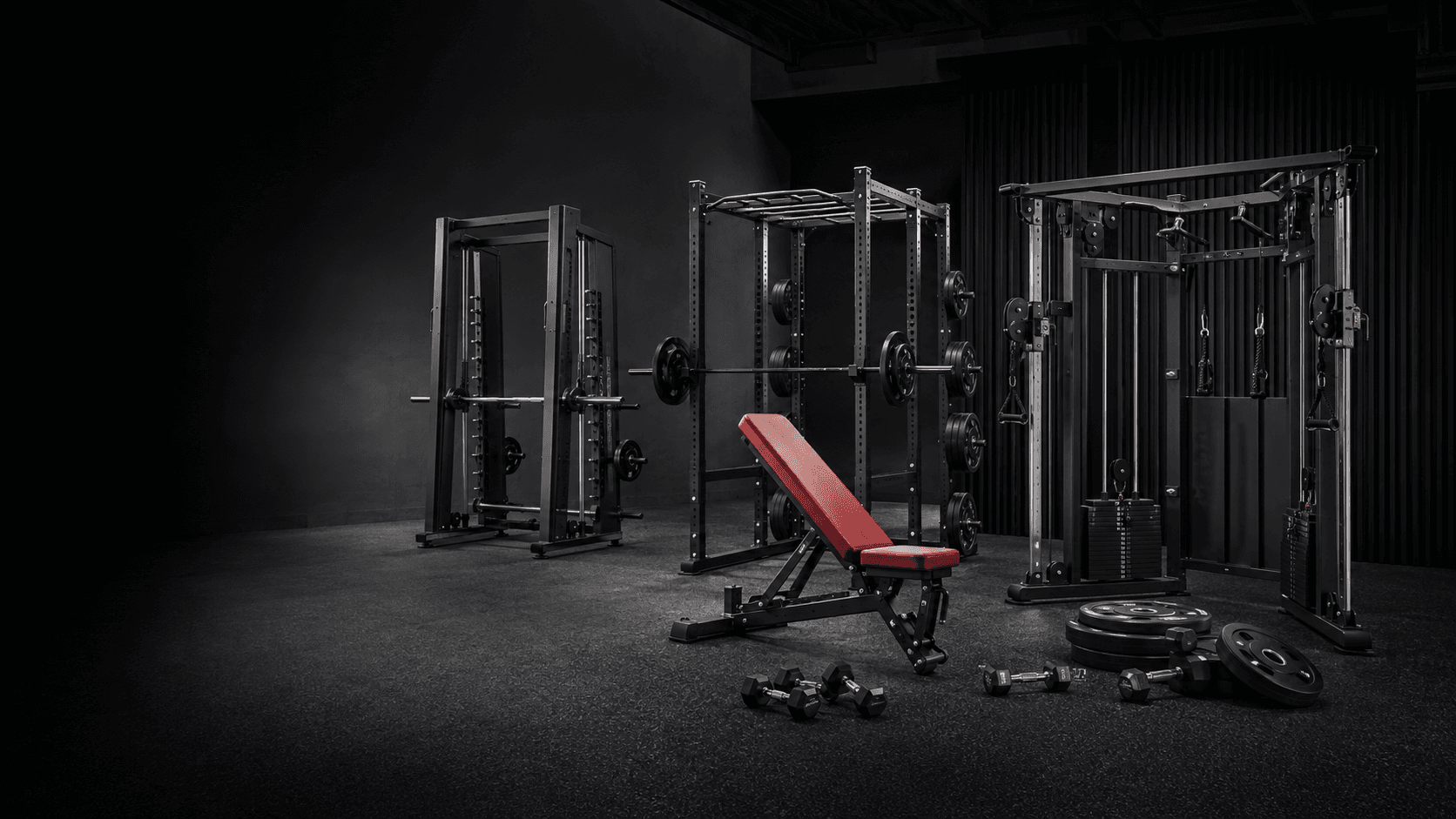 Commercial equipment visualization: rack, Smith machine, trainer, bench and free weights